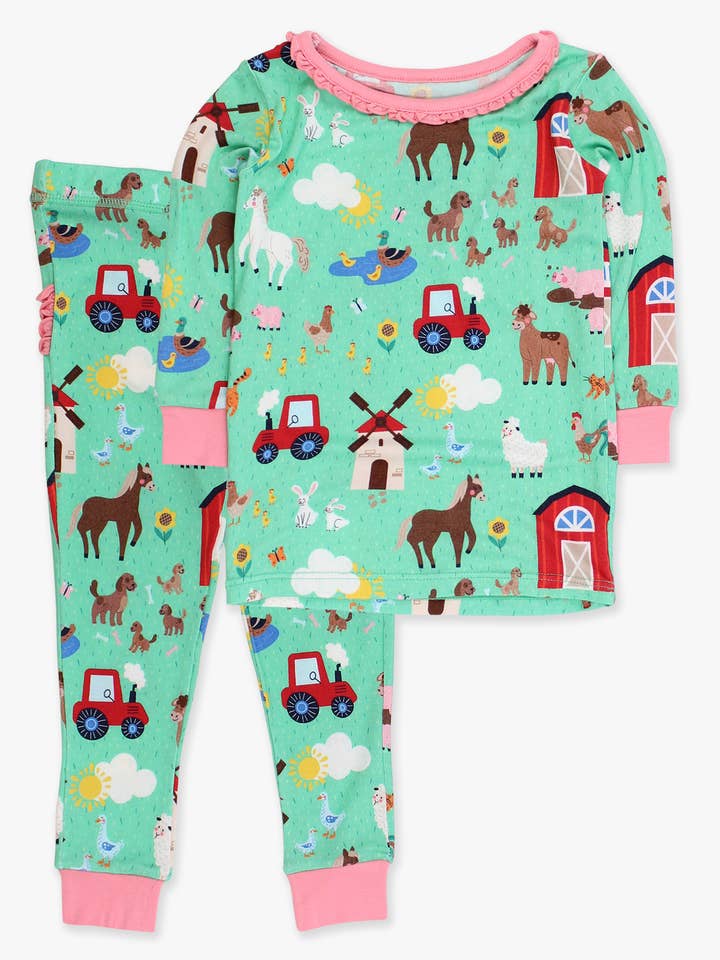SoftSnooze™ Toddler Girls Bamboo Viscose Farm Friends Ruffle Long Sleeve Pajama Set with Signature Rear Ruffles
 for wholesale by RuffleButts + RuggedButts