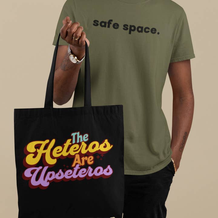 The Heteros Are Upseteros Retro Tote Bag | Pride Month Tote for wholesale by After Five Designs