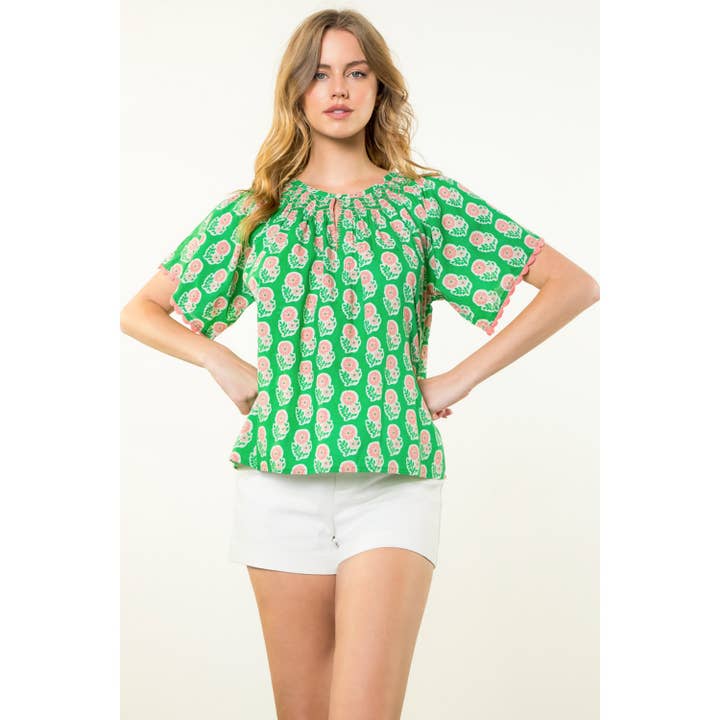 GREEN Flower Print Shirred Neck Top for wholesale on Faire