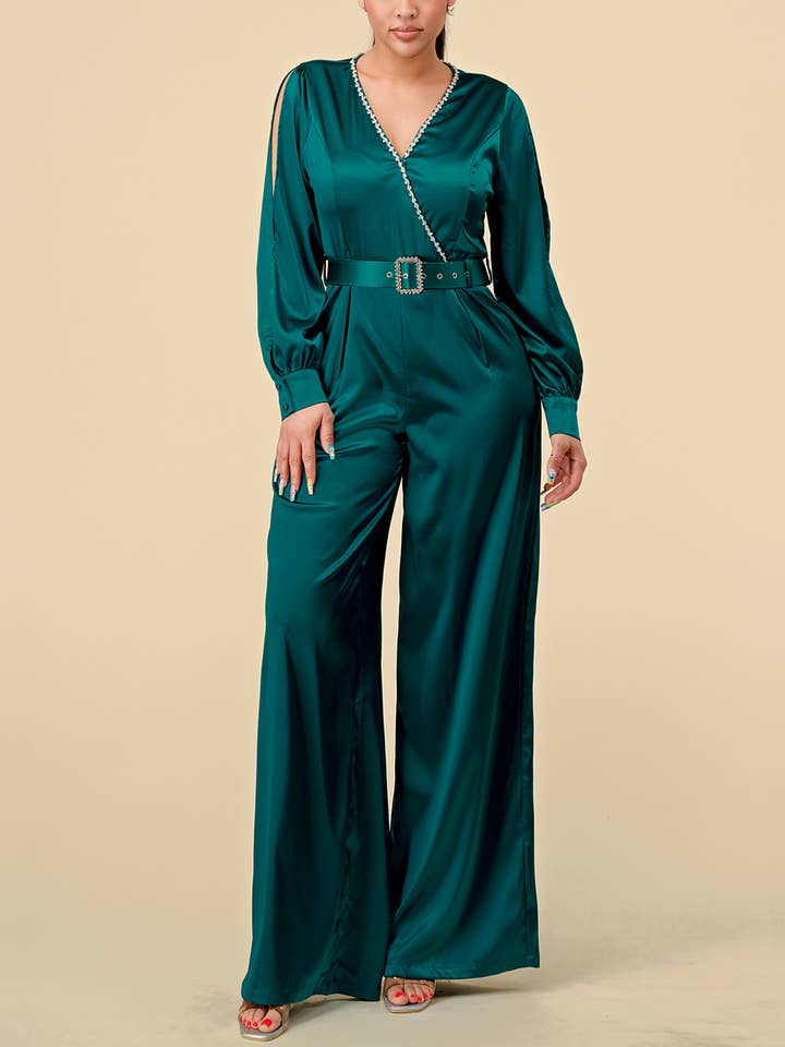 SATIN SLEEVE CUT OUT W/ BUTTON DETAIL JUMPSUIT for wholesale by ELEICH INC