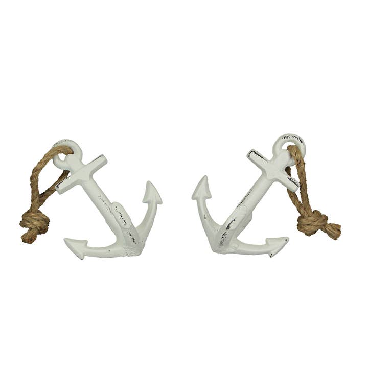 Set of 2 White Cast Iron Ship Anchor Bookends Decor for wholesale by Zeckos