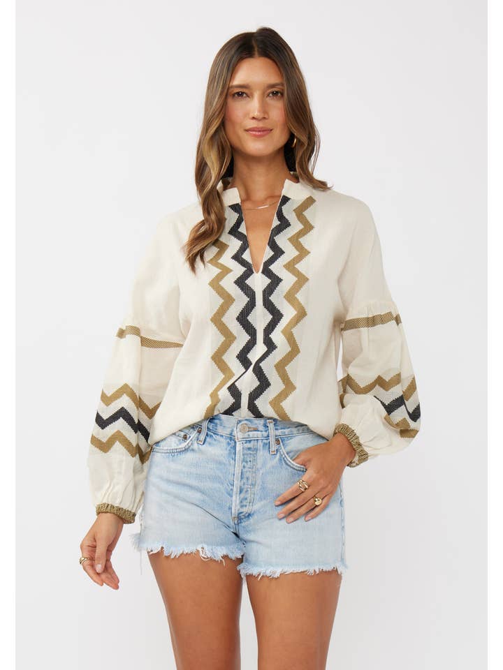 Natural Khaki Long Sleeve Cotton Jacquard Split-Neck Blouse for wholesale on Faire5