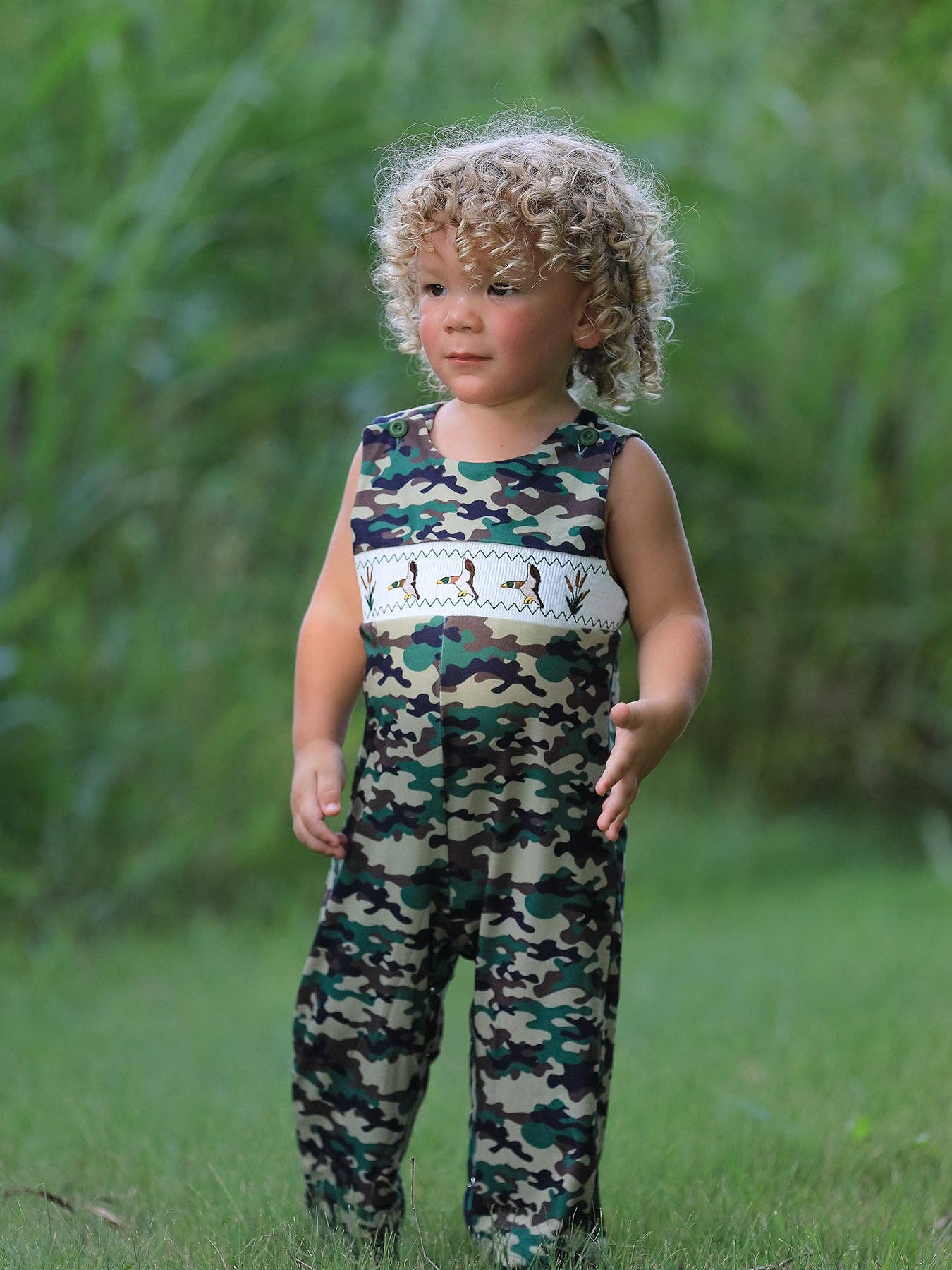Rylee Faith Designs - Wholesale Jumpsuit - Baby - Camouflage Duck Smocking Embroidery Baby Boy Romper1