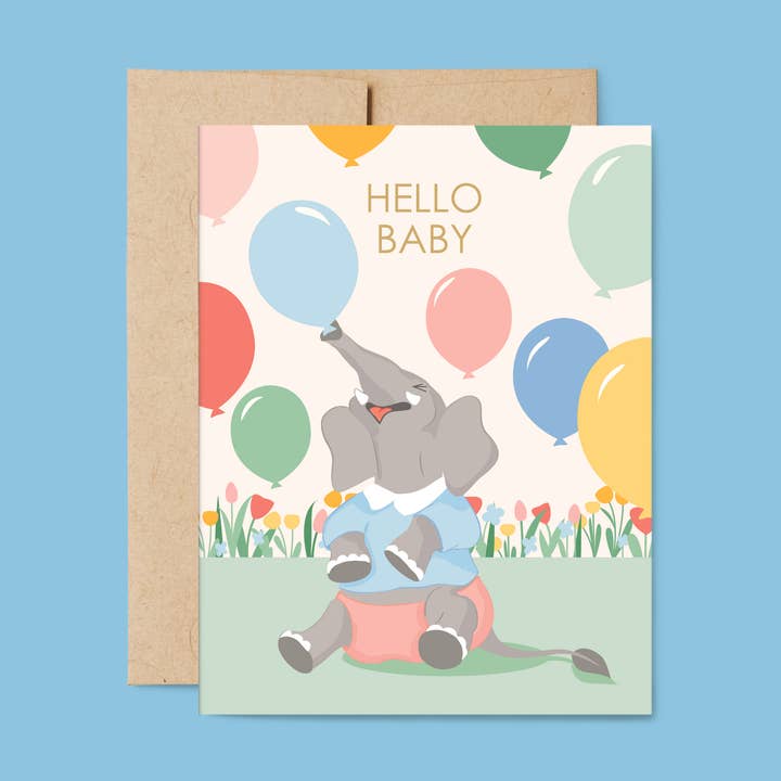 Hej Baby - Elefant & Balloner Ny Baby Hilsen Kort for engroshandel hos Belle Belette