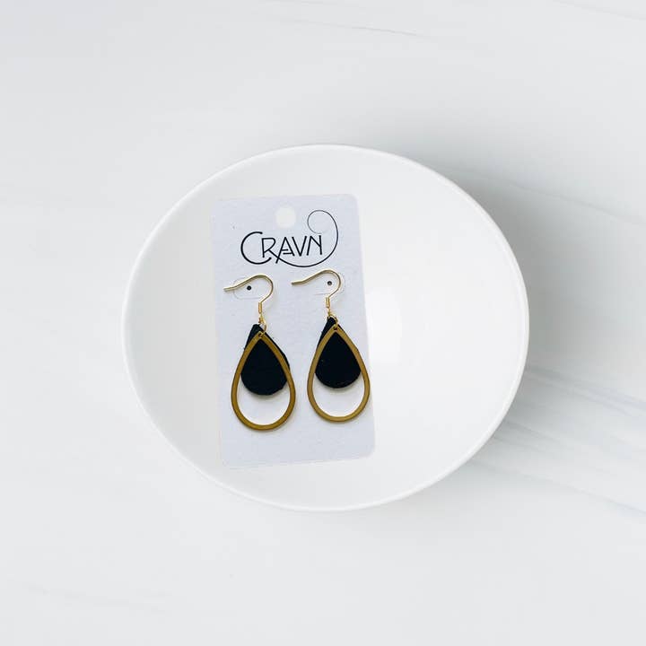 Leather & Brass Teardrop Earrings - Multiple Colors for wholesale by Cravn Jewelry