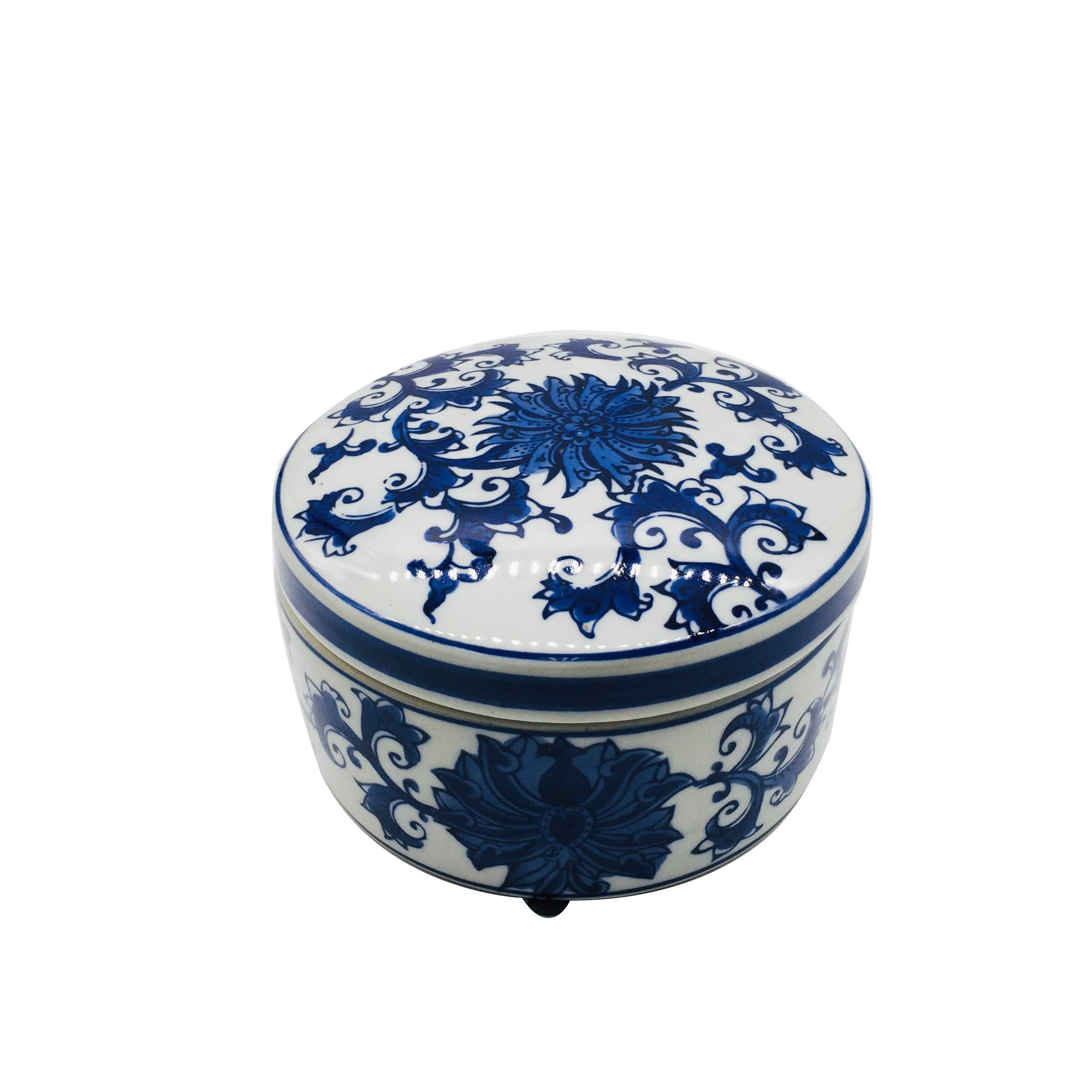 Galt International Company - Wholesale Decorative Box - Blue & White Chinoiserie Round Ceramic Box - Lotus1