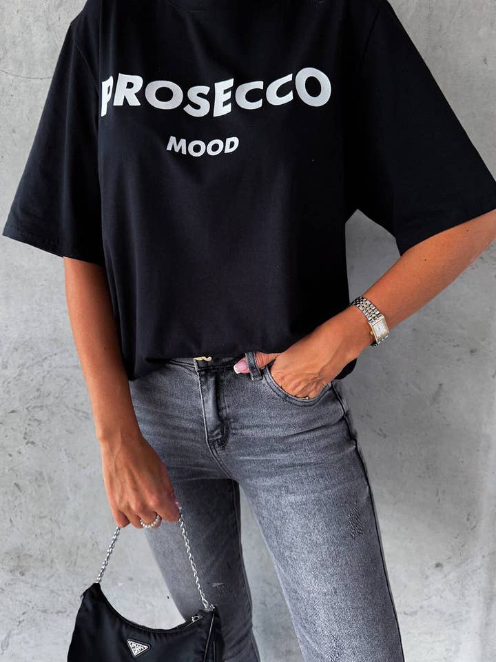 'Prosecco Mood' Graphic Printed T-Shirt Top-Black for wholesale by Catwalk Wholesale