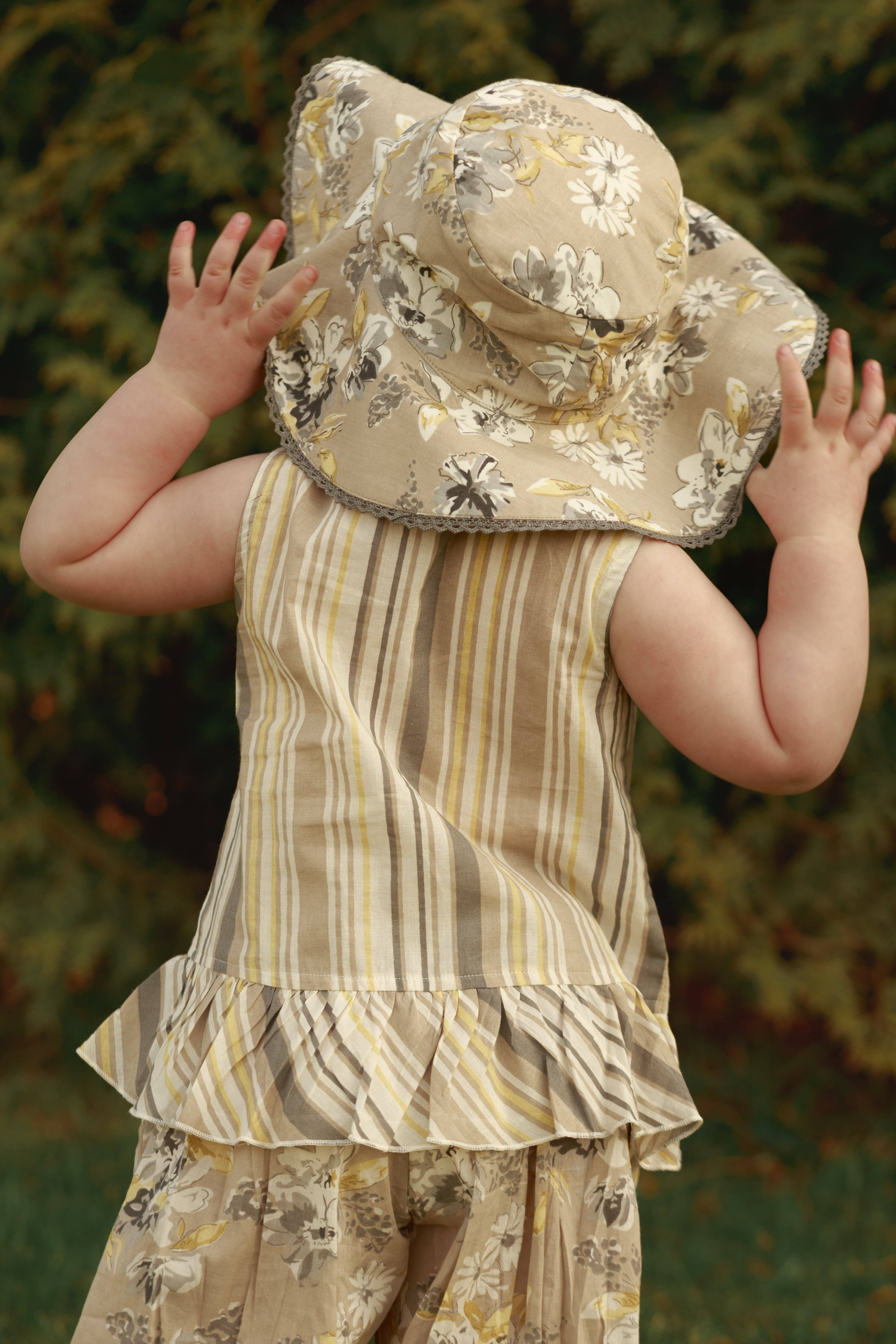 Yo Baby - Wholesale Sun Hat - Kids - Reversible Brown Floral & stripe Kids' Sun Hat with Lace Detail6