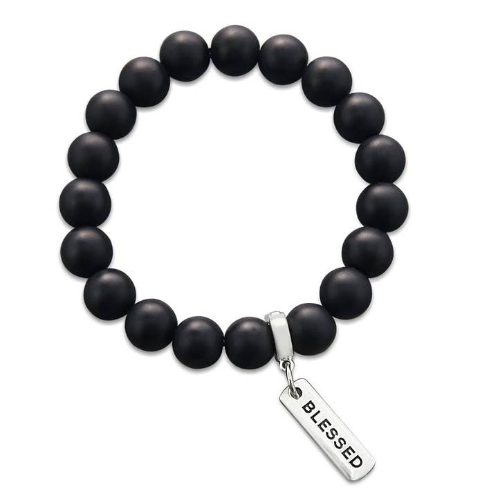 Stone Bracelet - Matt Black Onyx Large 10mm Beads - with Word Charms for wholesale by Sister & Soul
