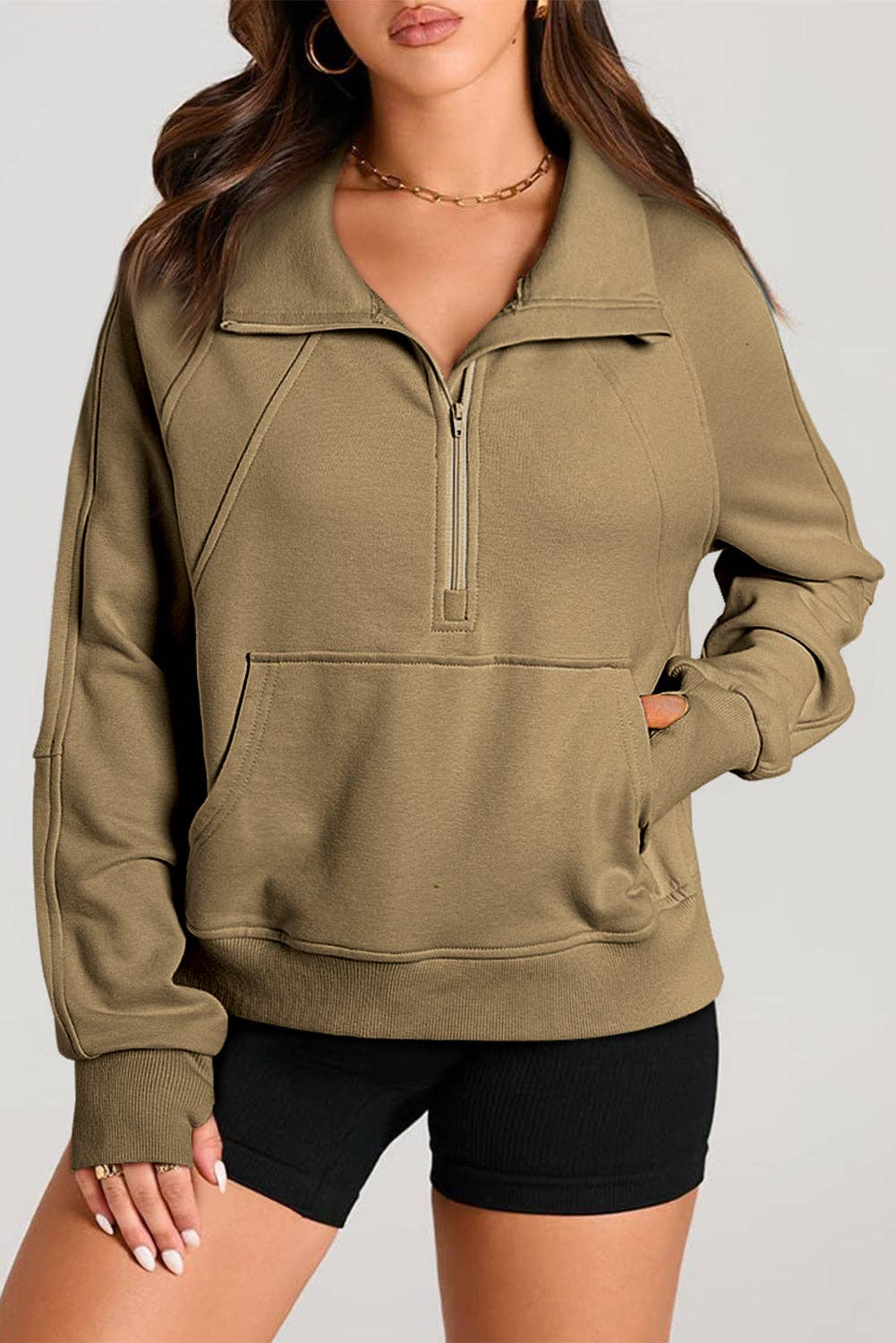 Lovesoft - Wholesale Sweatshirt - Women's - Solid Color Quarter Zip Stand Neck Kangaroo Pocket Sweatshirt14