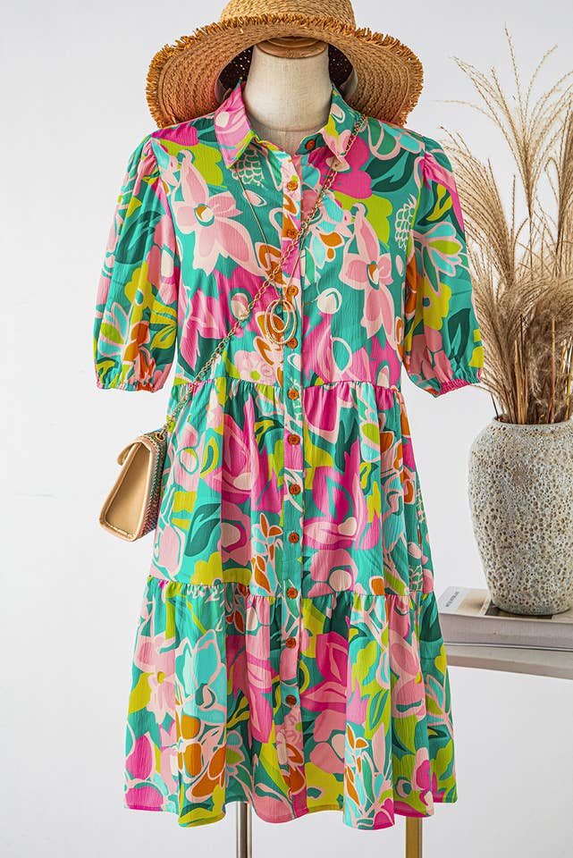 fashionworks - Wholesale Dress - Women's - Fashion-W Floral Short Sleeve Buttoned Babydoll Dress2