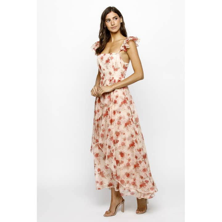 BLUSH RED FL JD6357-1- PINK FLORAL ASSYMETRIC MAXI DRESS for wholesale on Faire