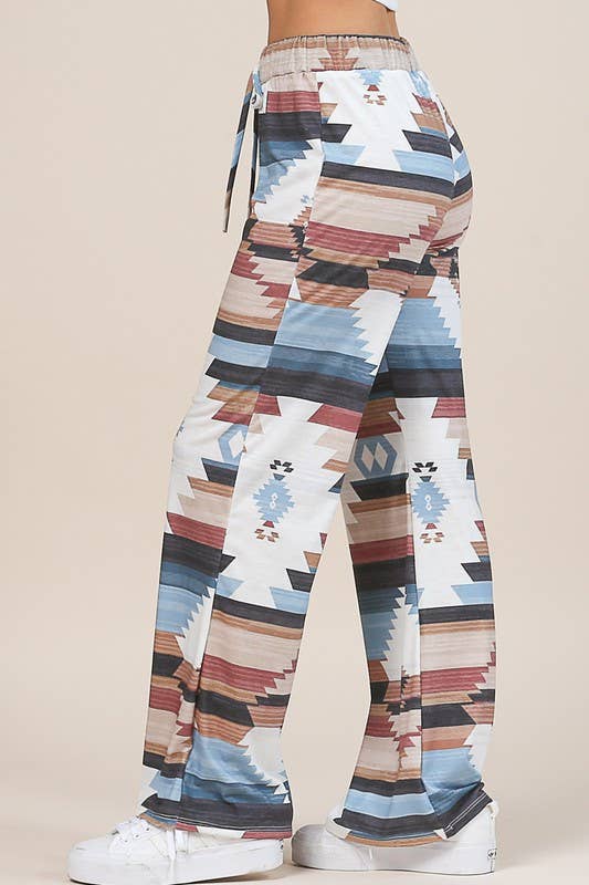 MOCHA BLUE AV1044-SELENA AZTEC PRINT RELAXED PANTS for wholesale on Faire7