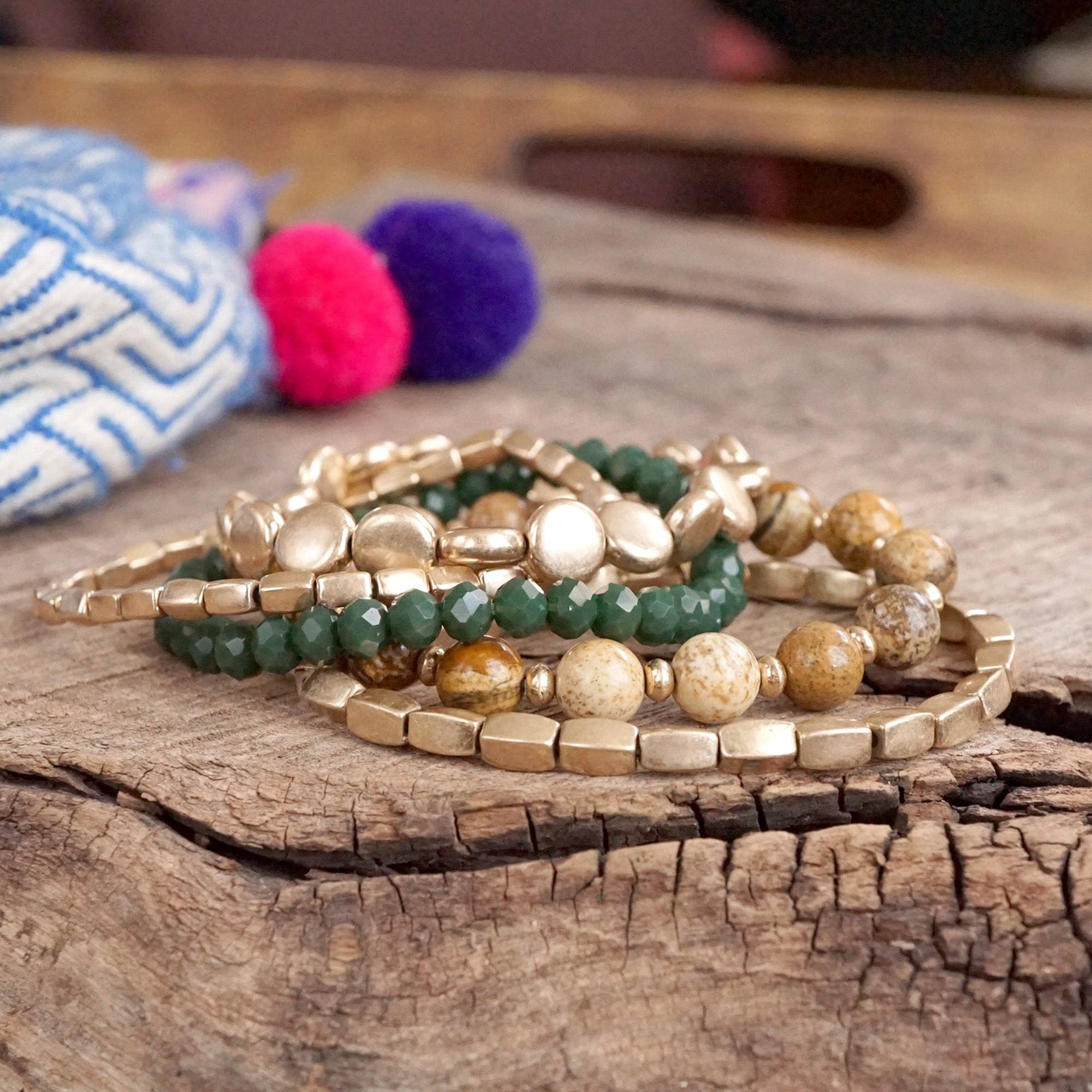 PennyLine inc - Wholesale Beaded Bracelet - 5 piece Boho Bracelet Stack Green Brown and worn gold tone2