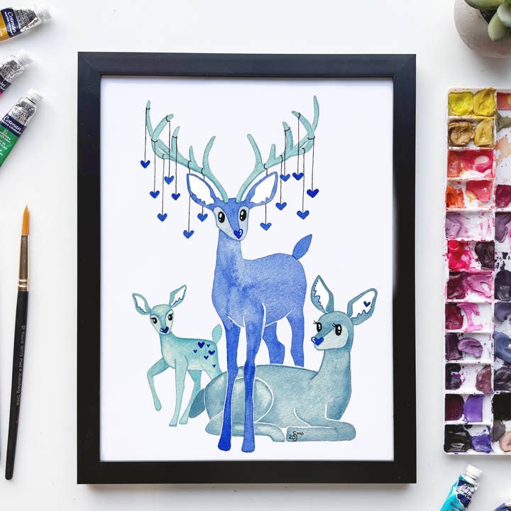 Deer Family Print – Whimsical Woodland Art for wholesale by Owlfeathers Watercolor