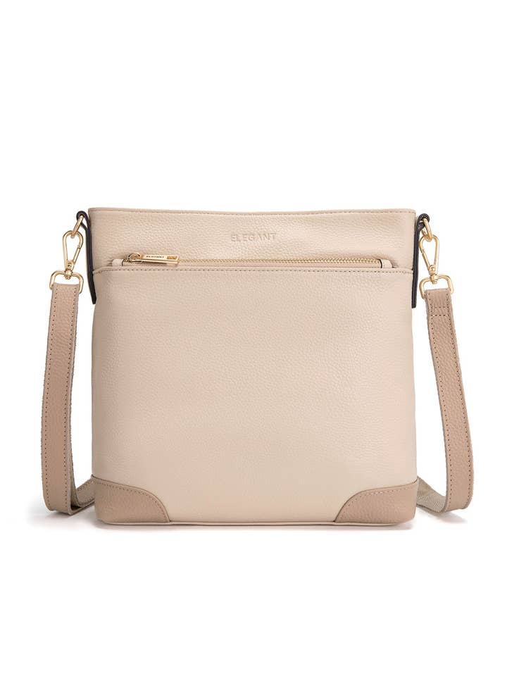 EVIE LEATHER CROSS BODY BAG- 2 TONE- E1-0816B-IVORY/PUTTY for wholesale by Serenade Beverly Hills Collection