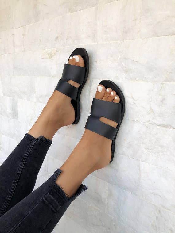 Christina Christi - Wholesale Sandals - Women's - Black Leather Slides, Black Sandals, Women Sandals2