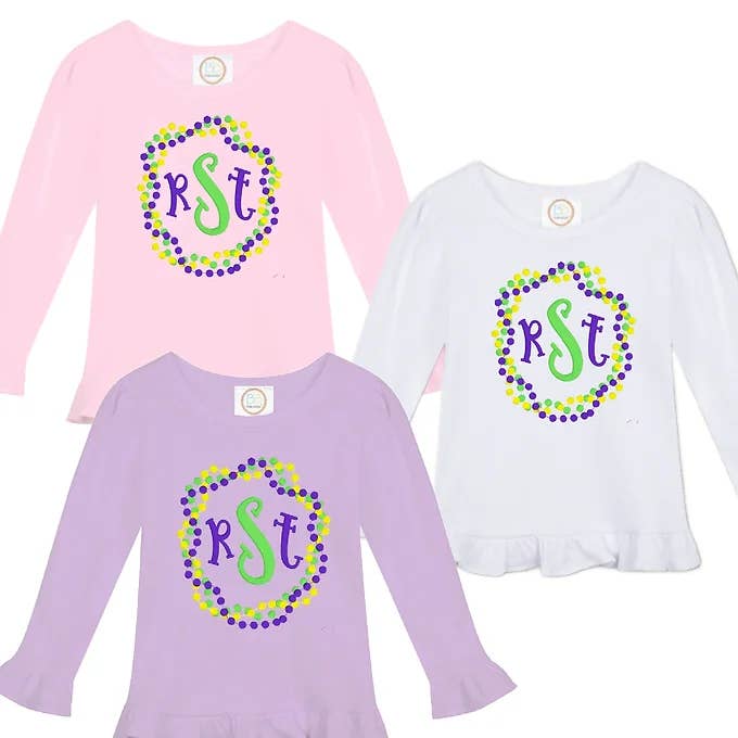 MARDI BEADS MONOGRAM LONG SLEEVE TEE for wholesale by The Sassy Seamstress
