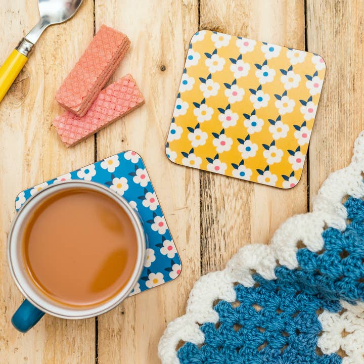 COLOURFUL CORK COASTERS SET OF FOUR - Retro Floral Multi for wholesale by Enamelhappy