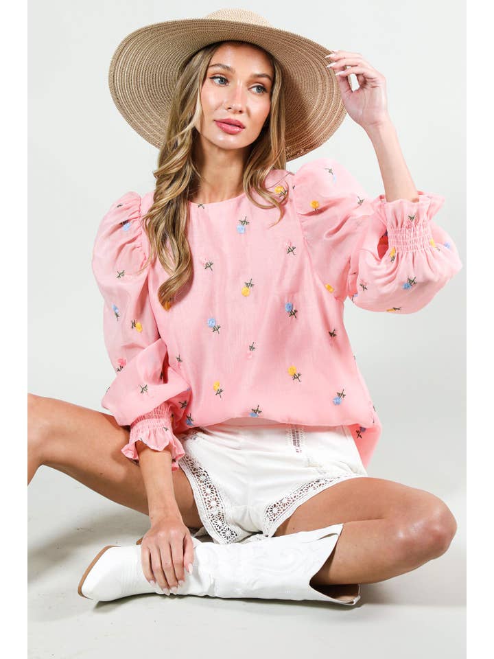 Vine & Love - Wholesale Blouse - Women's - Embroidered Long Puff Organza Blouse Top VT60375A1