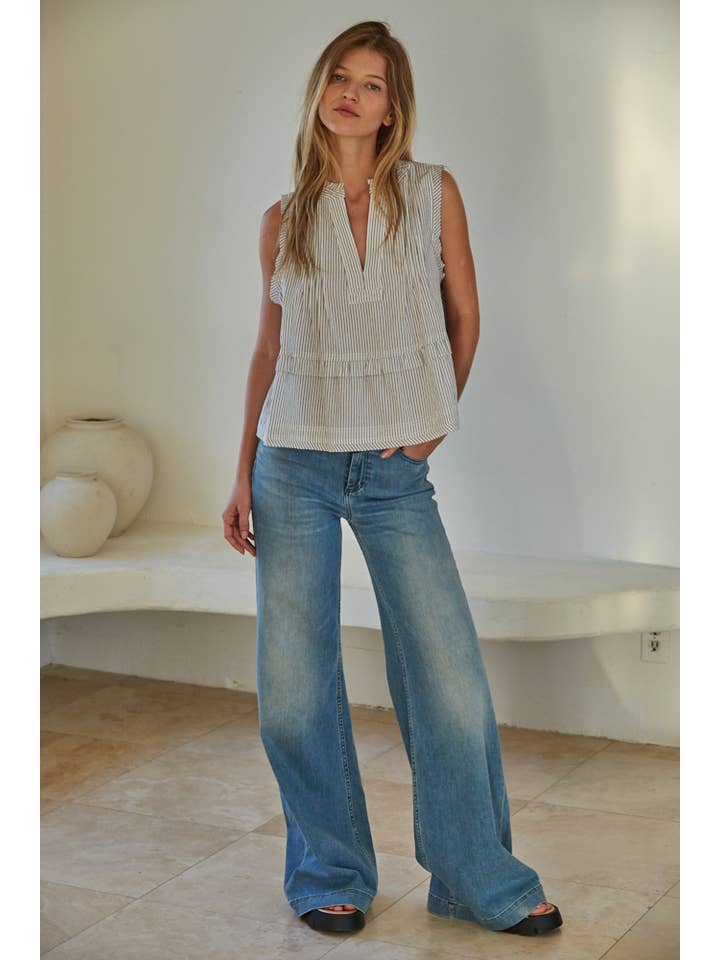 Cream Black L7920 | Woven Cotton Polyester Striped Sleeveless Blouse Top for wholesale on Faire1