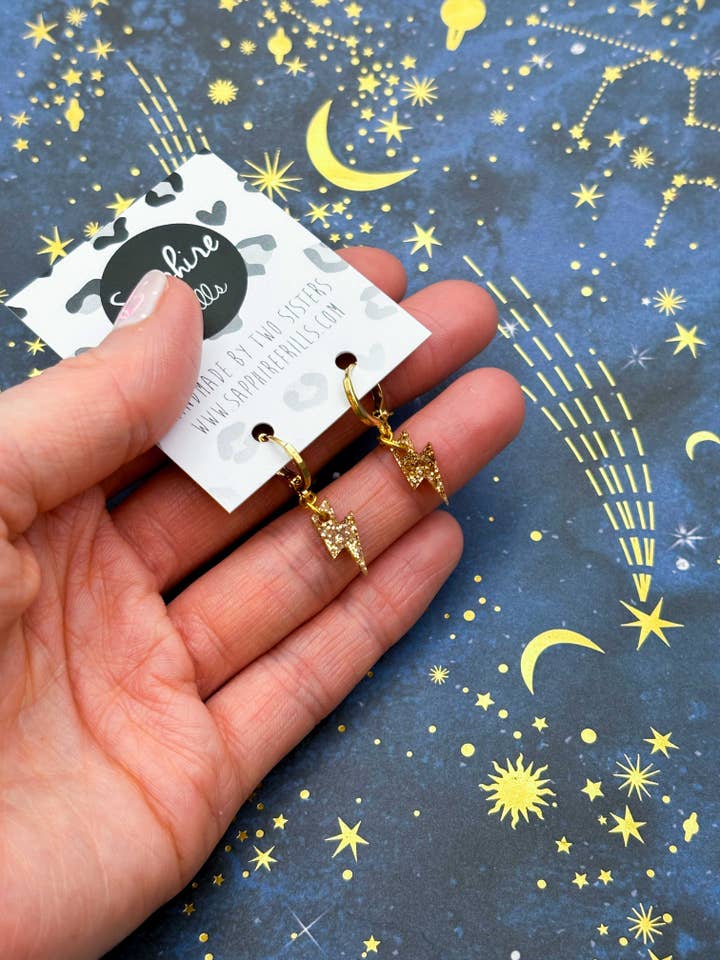 Champagne Glitter Lightening Bolt Dangle 1cm Hoop Earrings for wholesale by Sapphire Frills Ltd