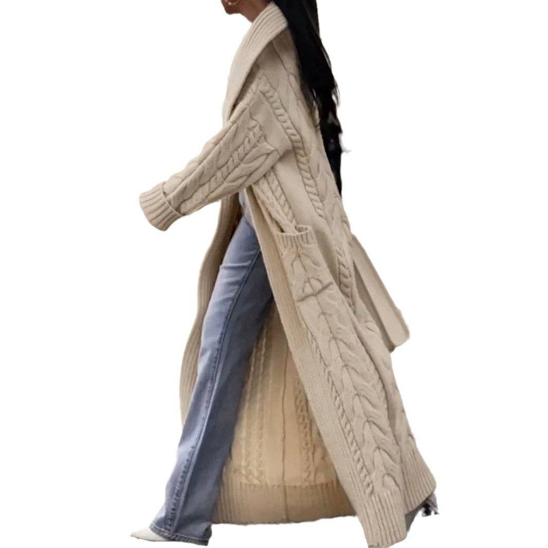 alberalkirk - Wholesale Cardigan - Dames - Chunky Kabelgebreide Lange Vestjas N5A0356