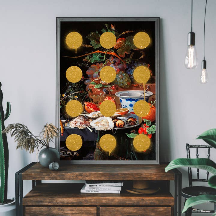 Gold Glitter Dots Still Life Print for wholesale by Ink & Drop