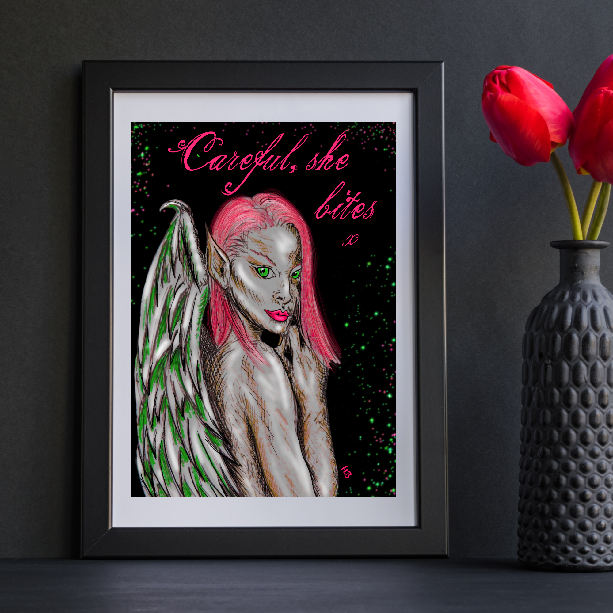 Hannah Kate Makes - Wholesale Art Print - Dark Angel Art Print - Careful She Bites - A5/A4  Pink/Green3