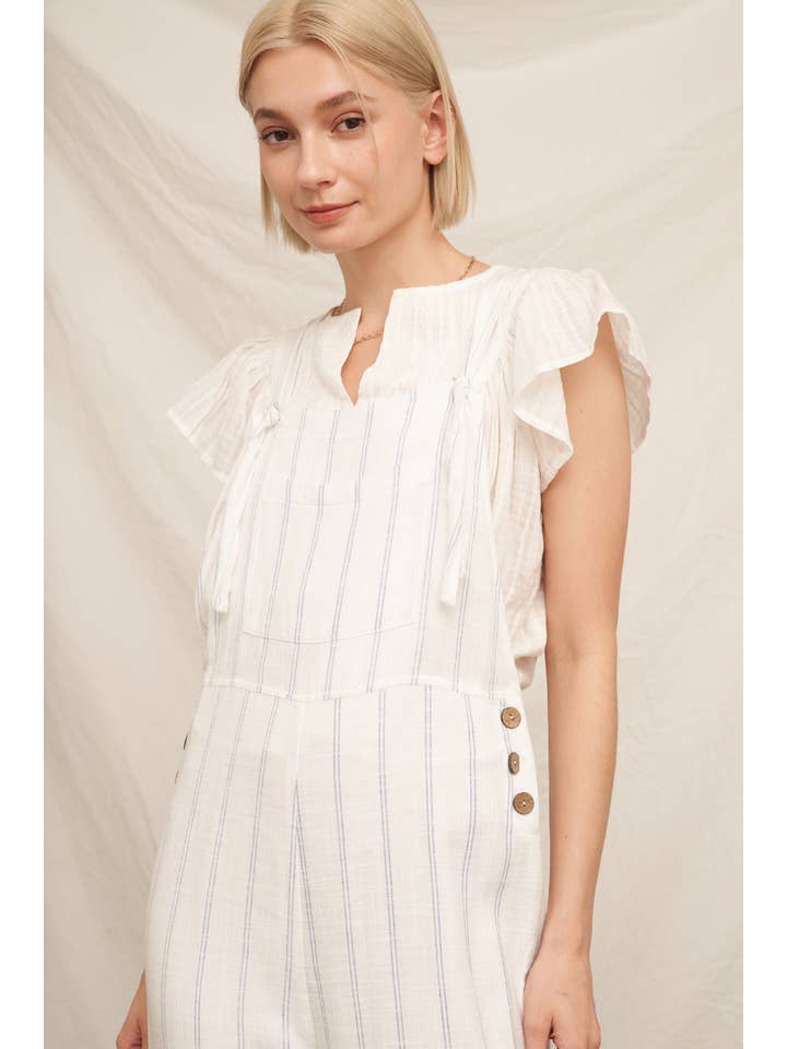 White Blue Cropped Striped Overall Jumpsuit for wholesale on Faire4