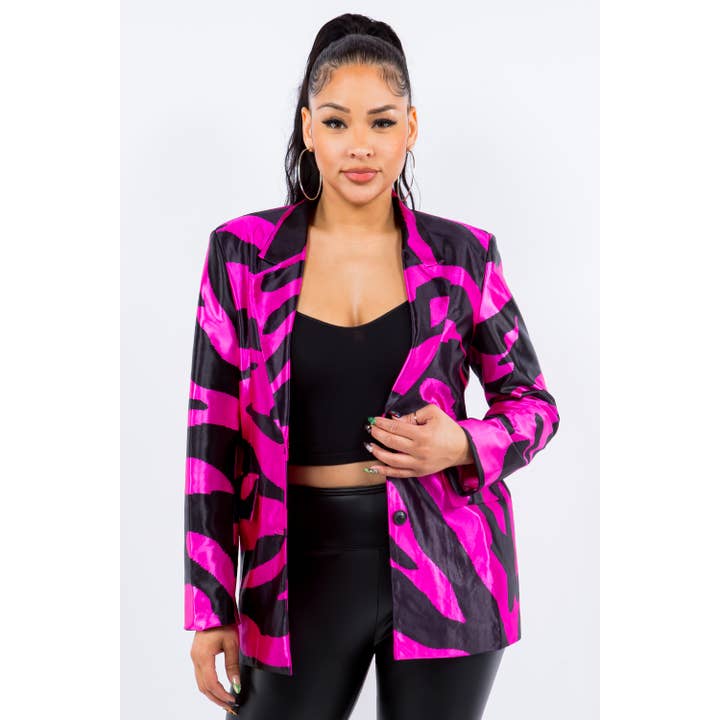 Blazer de satén con hombreras en forma de cebra JK7162 para venta al por mayor de Uptown Apparel