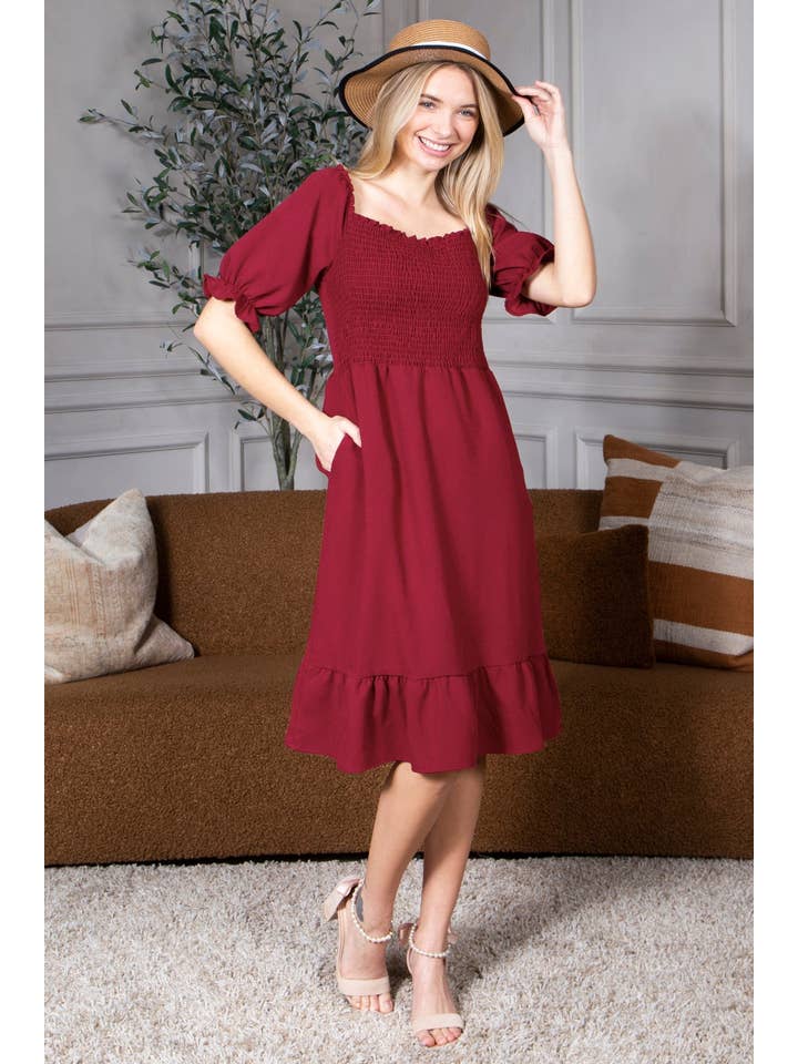 Mini Momo - Wholesale Dress - Women's - Smocked Dress Short Puff Sleeve Ruffle Smocking Crepe Midi