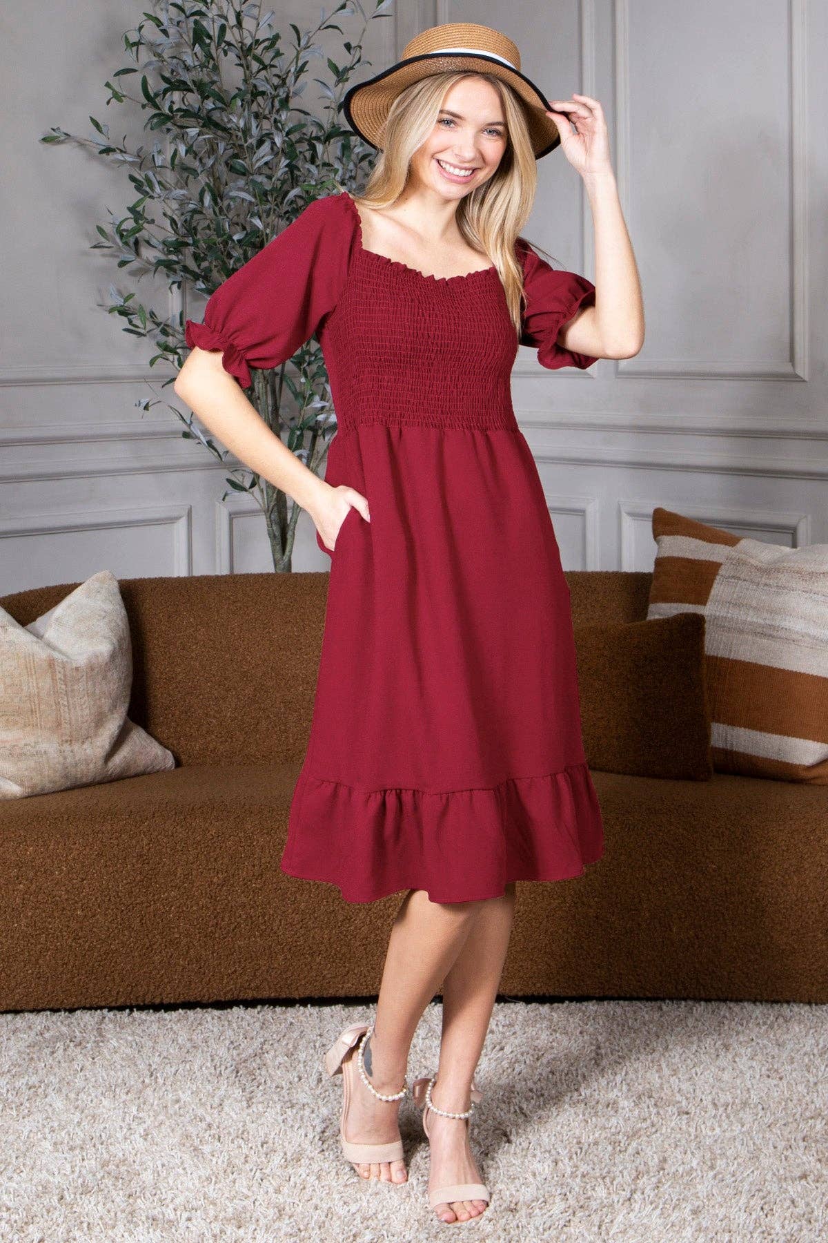 Mini Momo - Wholesale Dress – Women's - Smocked Dress Short Puff Sleeve Ruffle Smocking Crepe Midi