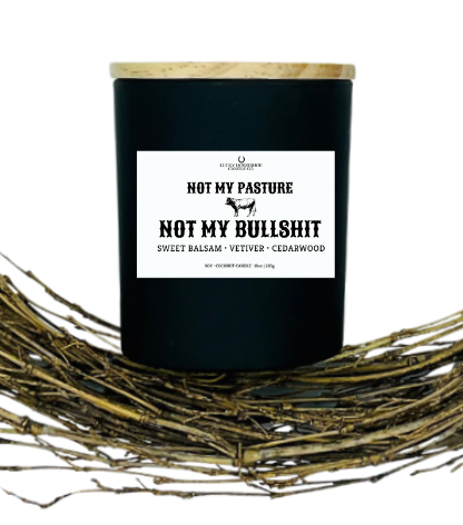 Lucky Horseshoe Candle Co. - Wholesale Jar/Filled Candle - Not My Pasture Not My Bullshit Soy Coconut 10oz Candle Black1