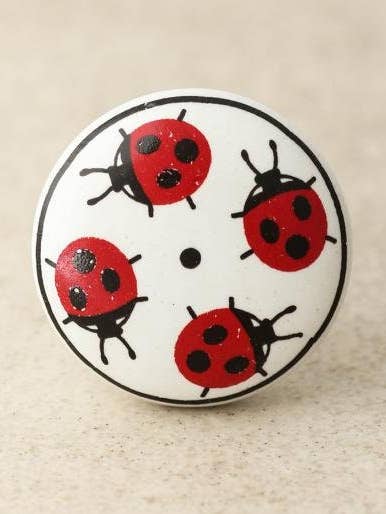 White Ceramic Drawer Knob With Lady Bugs Design for wholesale by KNOBCO
