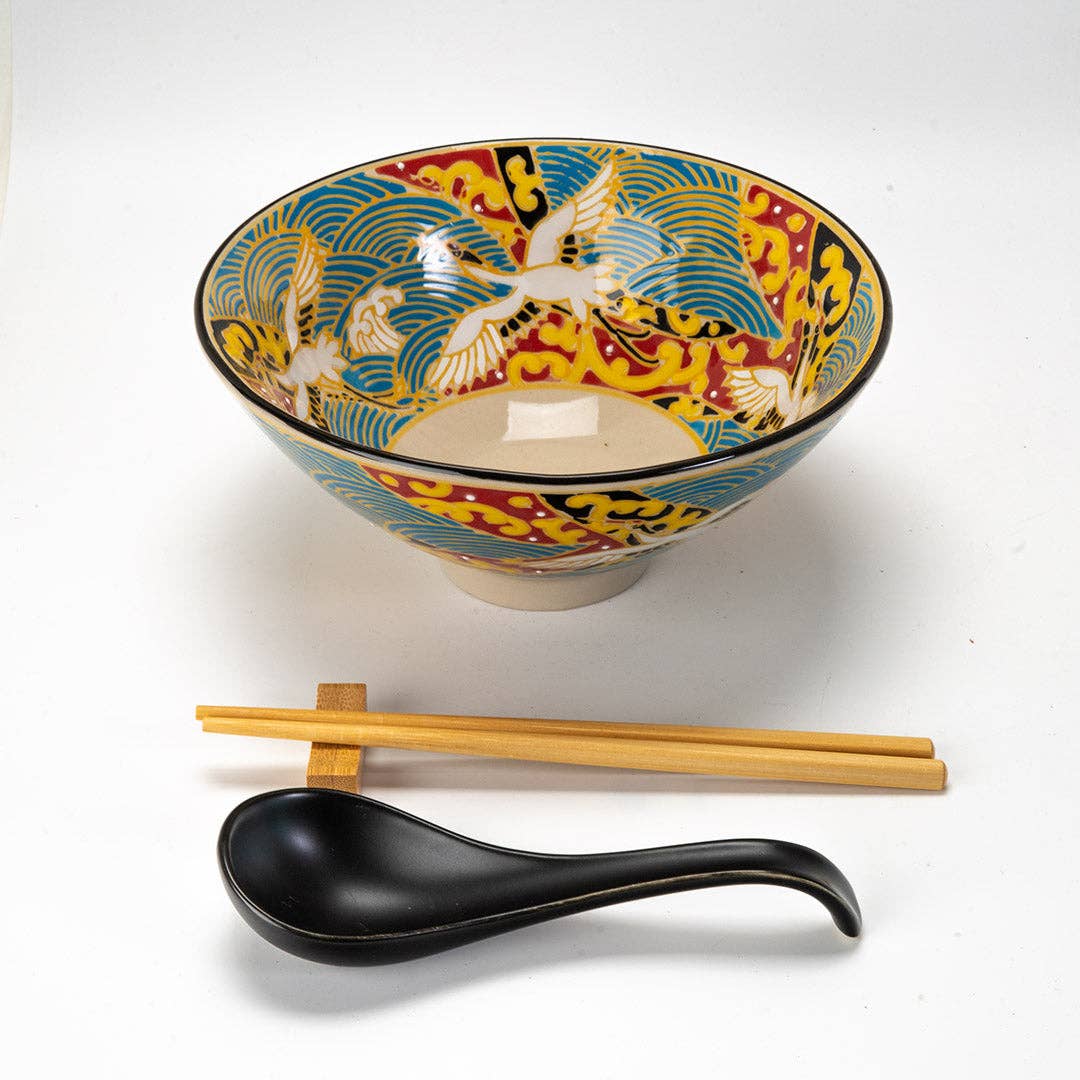 Urban Tokyo - Wholesale Serve Bowl - 24oz 6"D Bowl With Chopsticks, Spoon and Chopsticks Rest Set Japanese Crane (4/16)1