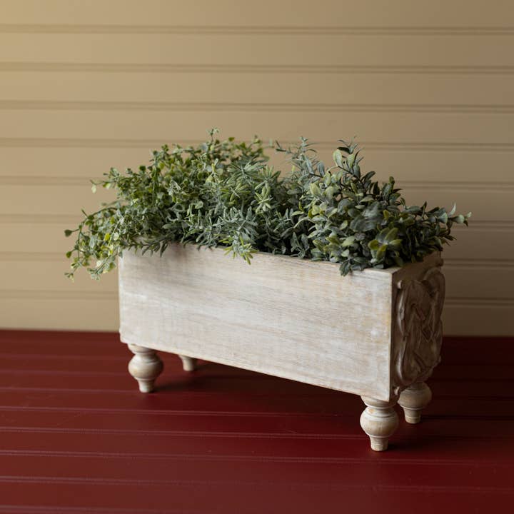Vennie Whitewashed Carved Wood Bin With Feet for wholesale by Foreside Home & Garden