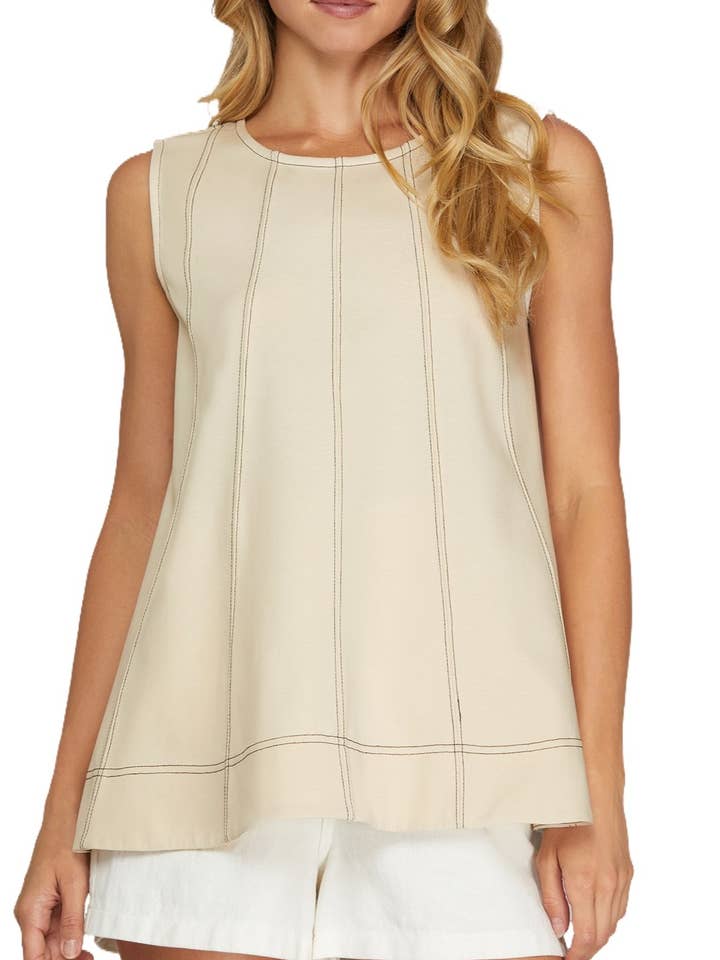 Top in maglia senza maniche con dettaglio di cuciture a contrasto per la vendita all'ingrosso da parte di Vanilla Monkey