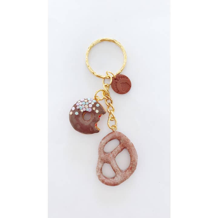 Sweets & Pearls - Wholesale Keychain - Women's - Polymer Clay Chocolate Bitten Donut with Pretzel Keychain