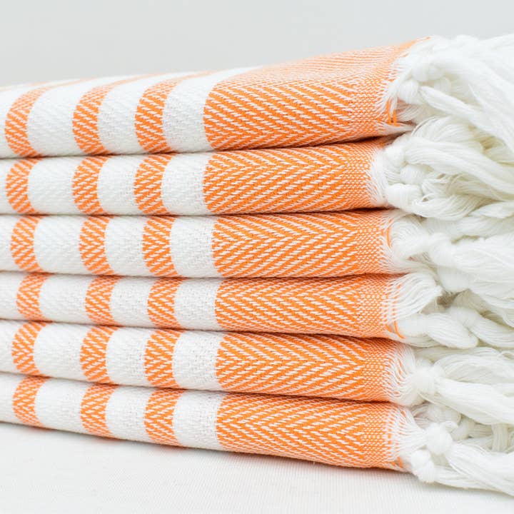 Organic Turkish Towels - Wholesale Tea Towel - Organic Dish Towel, Orange Stripe Towel, 20x364