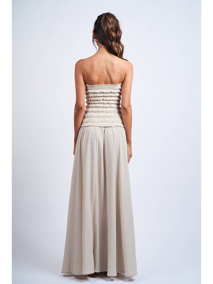 Sky to Moon - Wholesale Dress - Women's - PALE CHECKER SMOCKED BODY RUFFLE TUBE MAXI DRESS