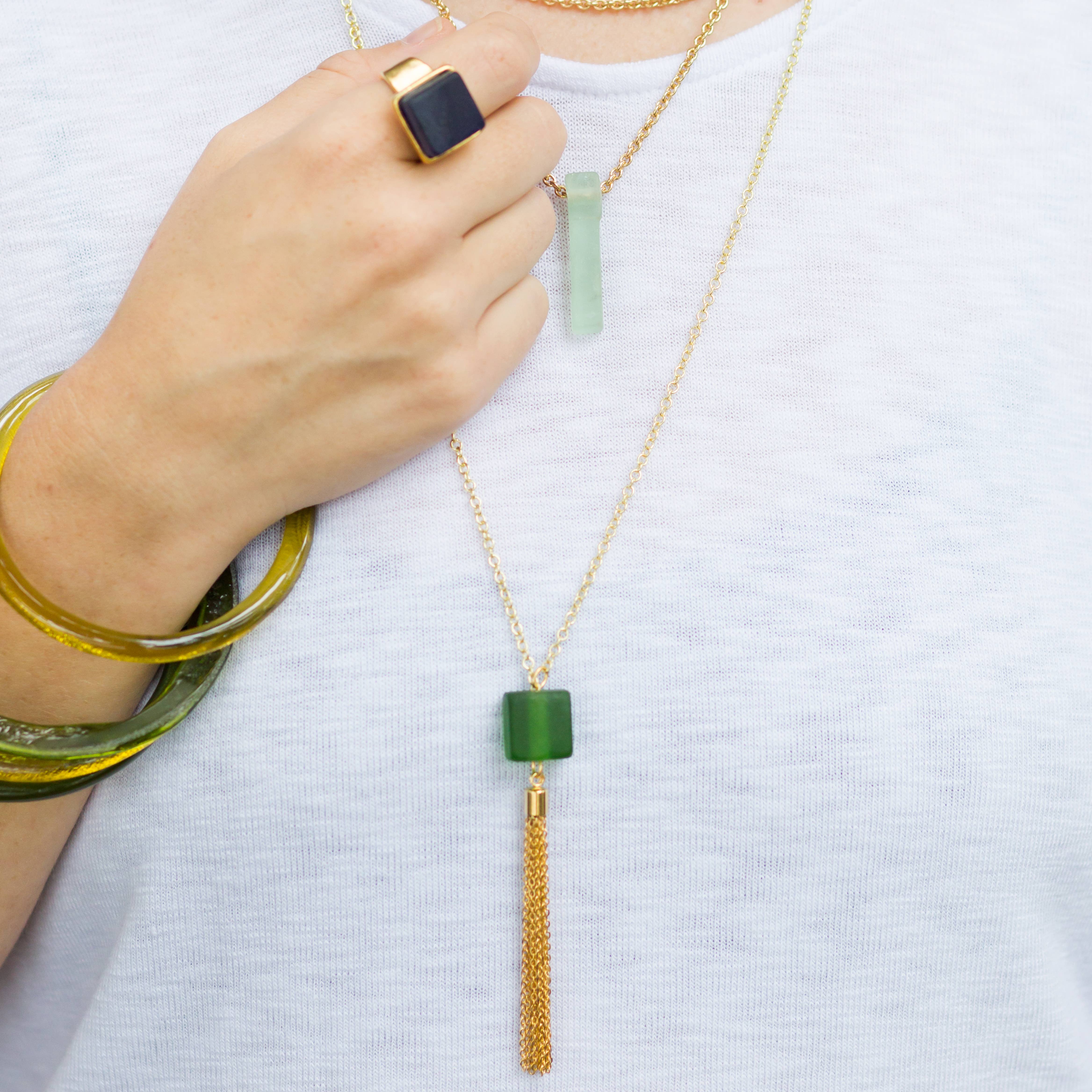 Smart Glass Recycled Jewelry - Wholesale Pendant/Charm Necklace - CUBE LONG TASSEL NECKLACE6