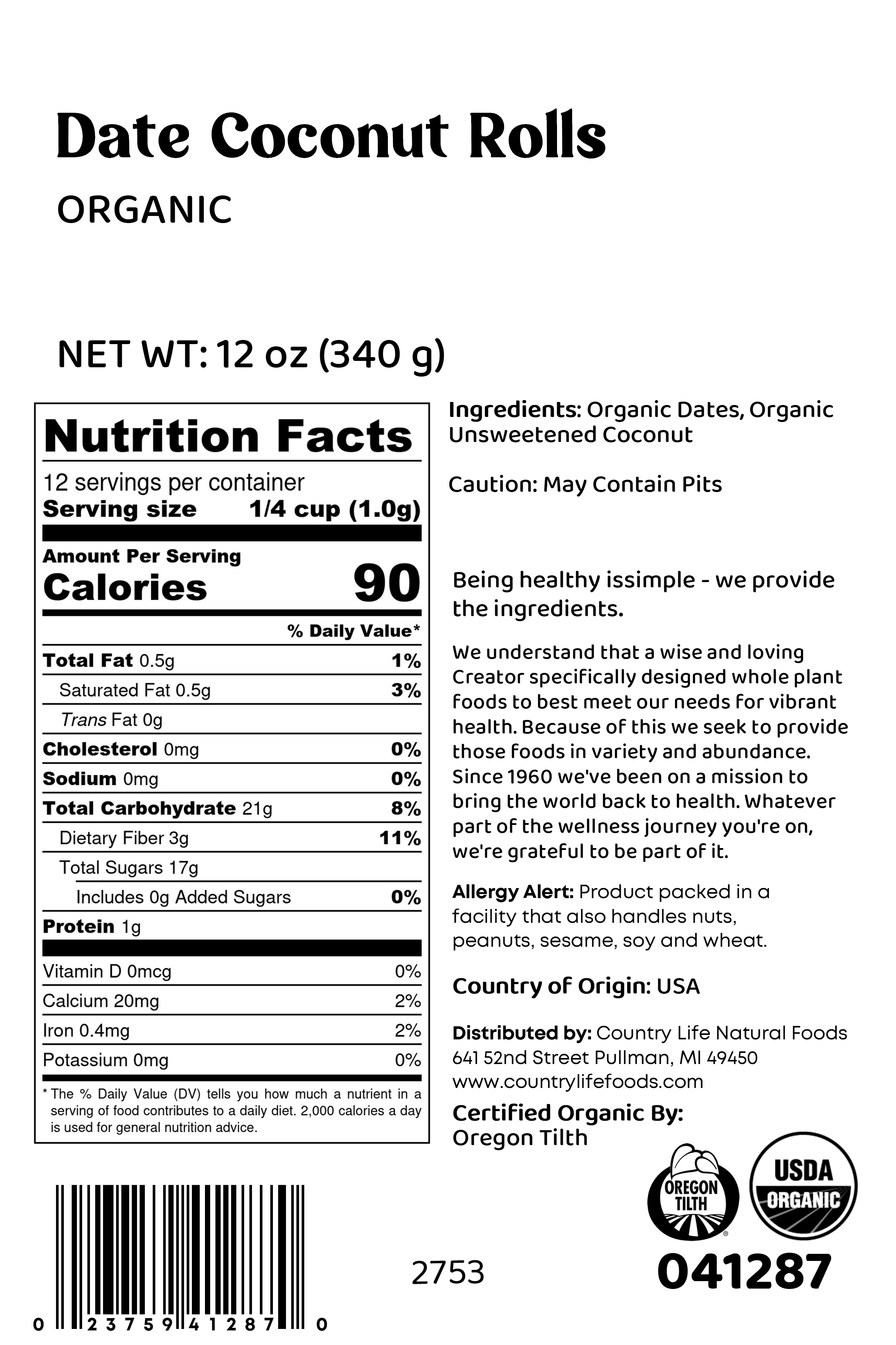 Country Life Natural Foods - Wholesale Chocolate Covered Sweets - Date Coconut Roll, Organic1