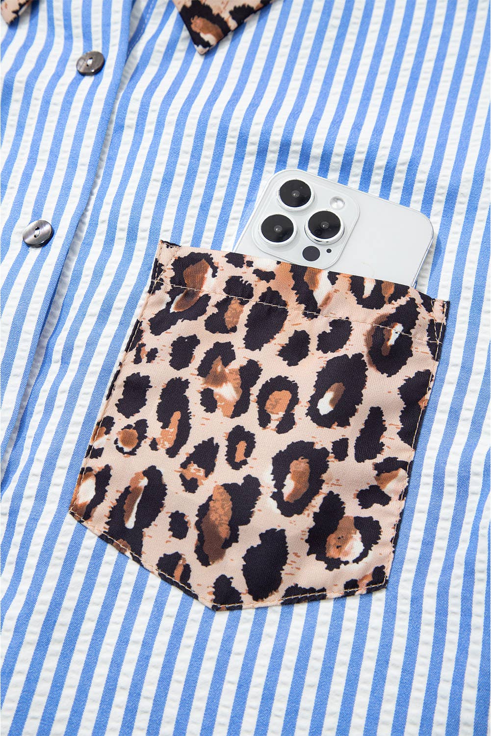 66DISCO - Wholesale Button Down Shirt - Women's - Spring 2026 Chic Contrast Leopard & Stripes Button Shirt17