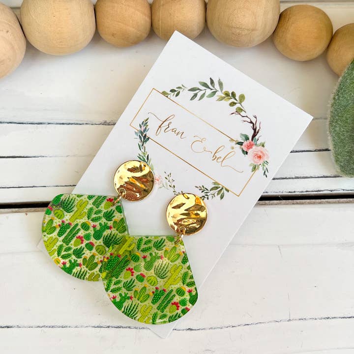 Green and Pink Cactus Dangle Earrings, Acrylic and Gold Boho Dangle Plant Earrings, Modern Geometric Drop Earrings, Galentines Day Gift for wholesale by Fran and Bel
