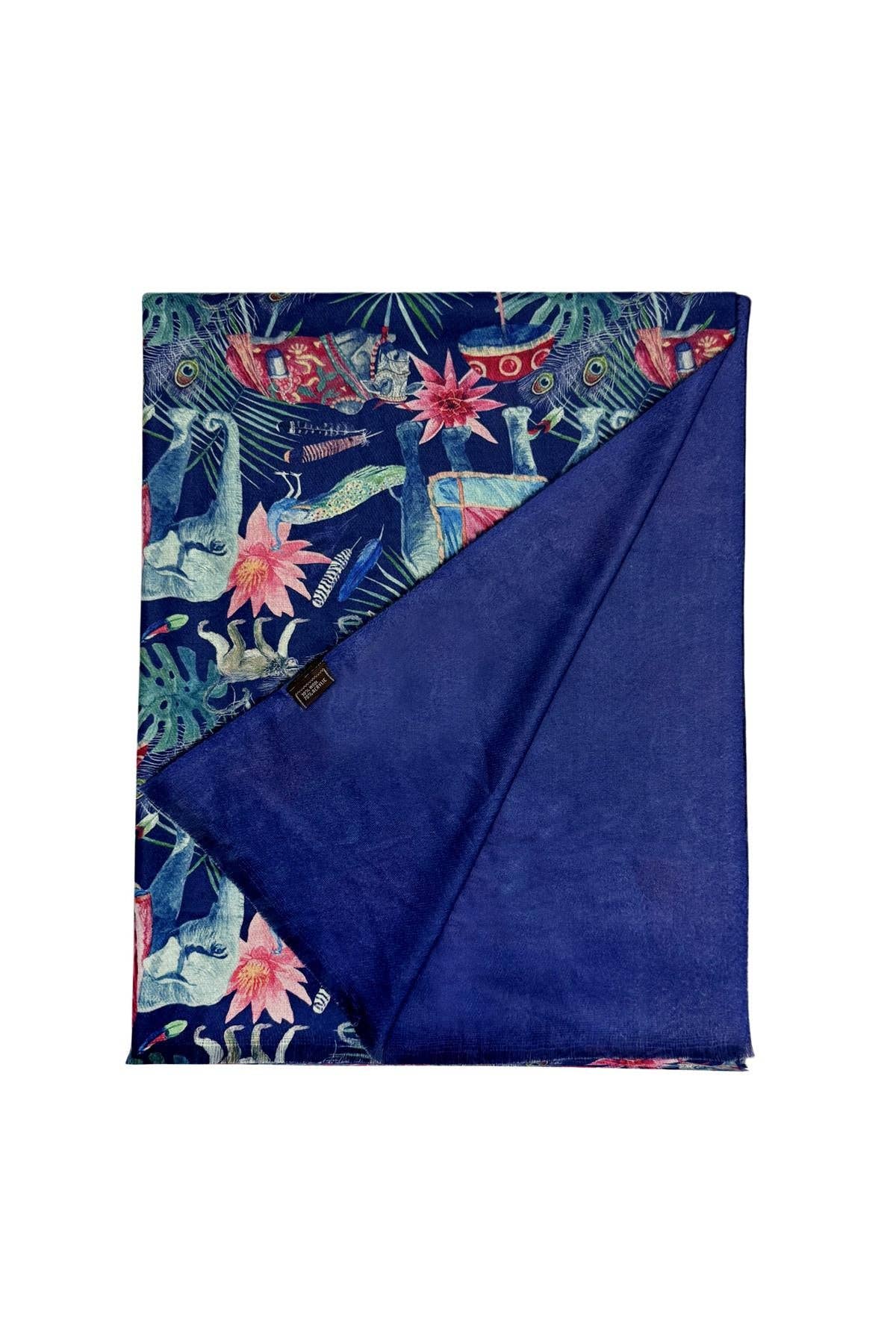 Navy Blue Vintage Indian Elephant & Floral Print Wool Frayed Scarf for wholesale on Faire1