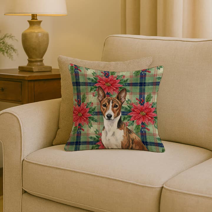 Almofada de Natal com Basenji Tigrado e Branco e Poinsetias 45x45 por atacado de Caroline's Treasures