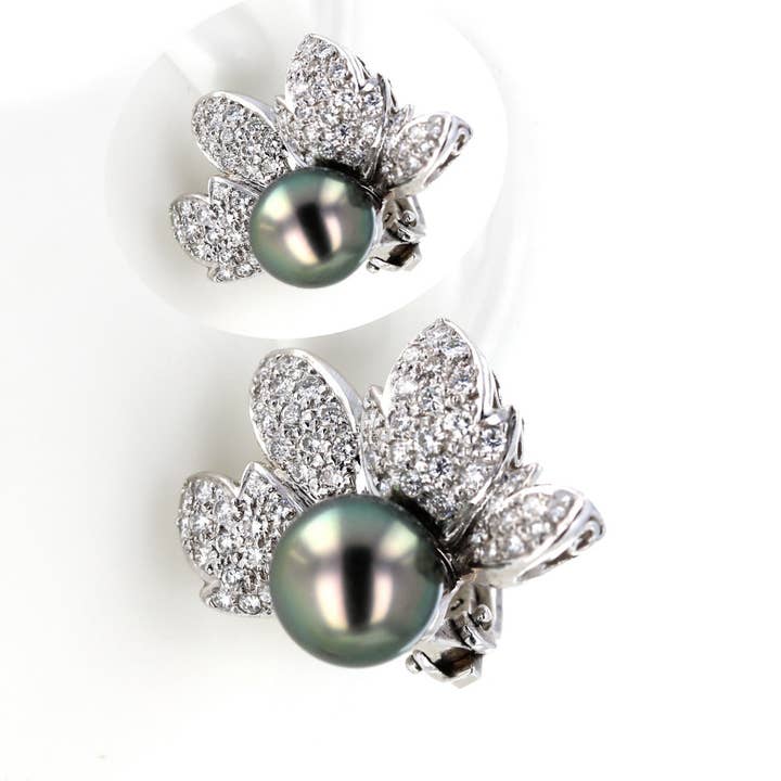 Platinum Diamond & Gray Pearl Clip-on Flower Earrings for wholesale by NYMAN JEWELERS