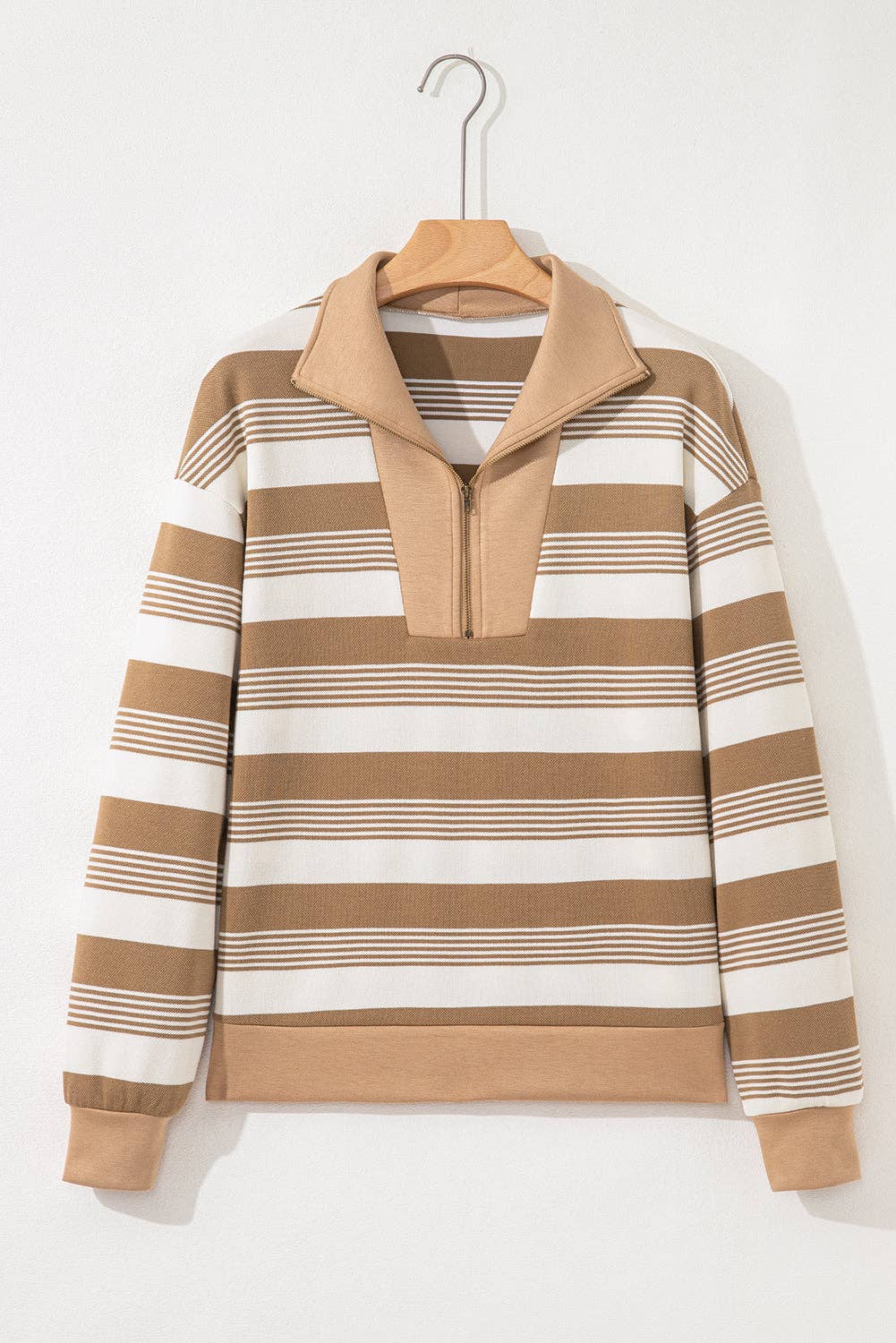 Khaki Stripe Zip Collar Patchwork Vintage Fashion Sweatshirt for wholesale on Faire0
