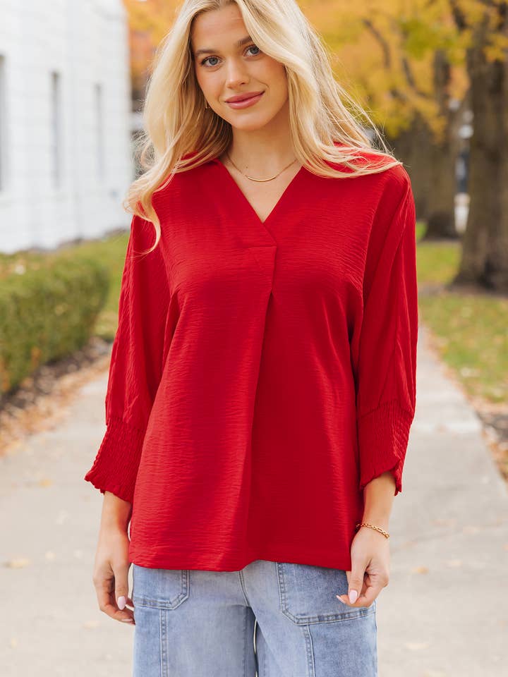 Haut tunique surdimensionné rouge froncé à col et manches 3/4 | S-4X pour la vente par Aapparella